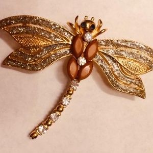 Dragonfly Brooch w Faux Diamonds Gold Tone